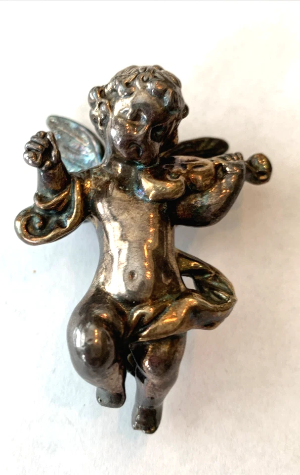 VINTAGE STERLING SILVER LARGE  PUFFY CHERUB PENDANT BROOCH