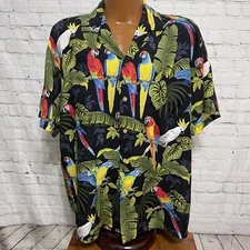 Paradise Found Hawaiian Shirt  Magnum PI Black Parrott Size L Rayon Made USA