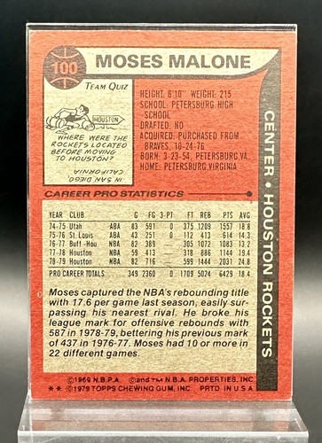 Moses Malone - 1979 Topps #100 Pallacanestro Houston Rockets - Foto 2 di 2