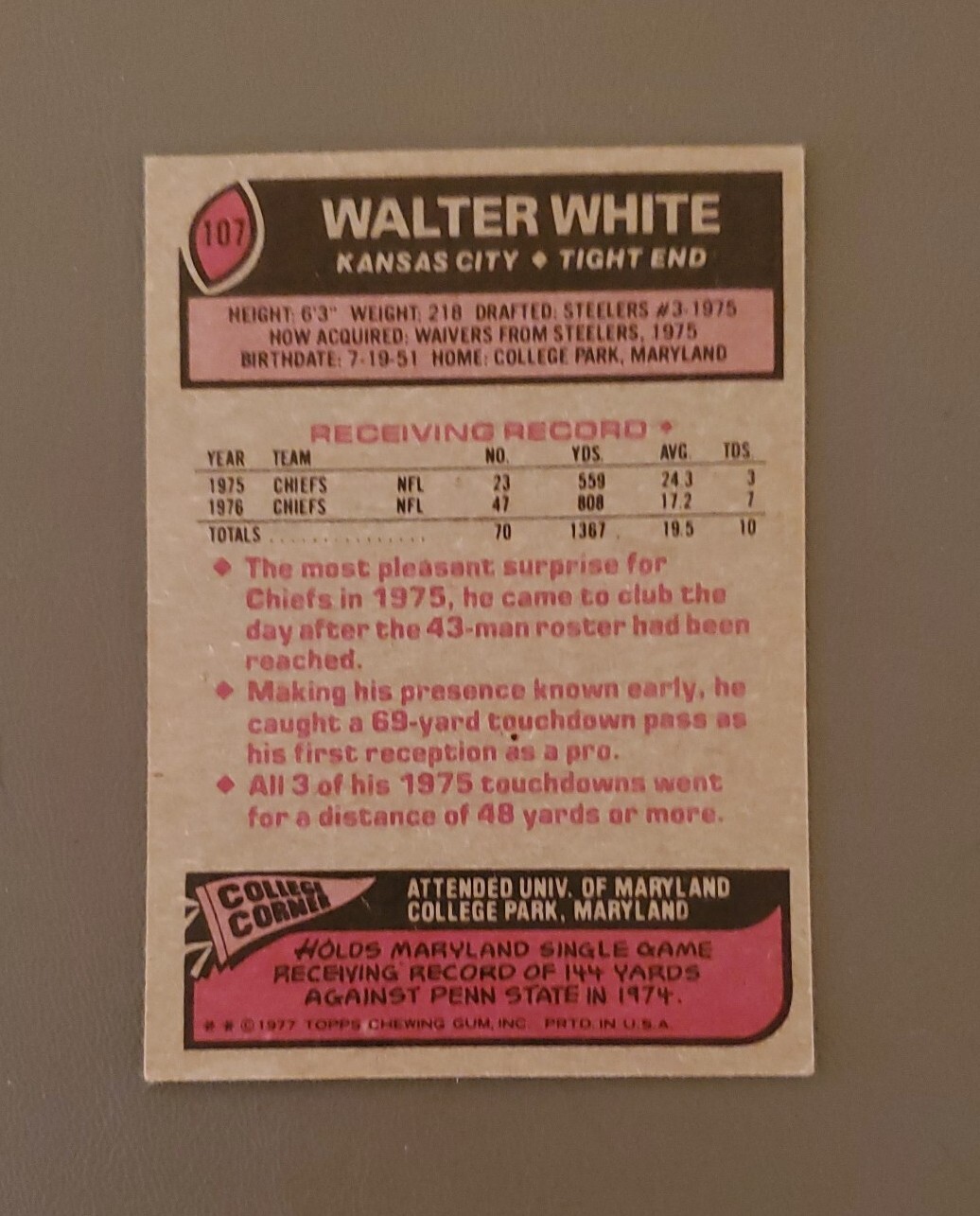 1977 Topps Football 107 Walter White Kansas City Chiefs Football Card