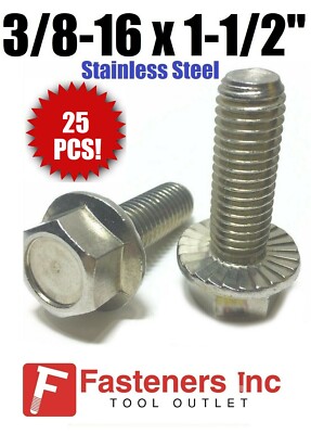 (Qty 25) 3/8-16 x 1-1/2'' Stainless Steel Hex Cap Serrated Flange Bolt FT UNC