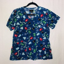 WOMENS PEACHES SCRUB TOP SIZE SMALL WINTER THEME BLUE