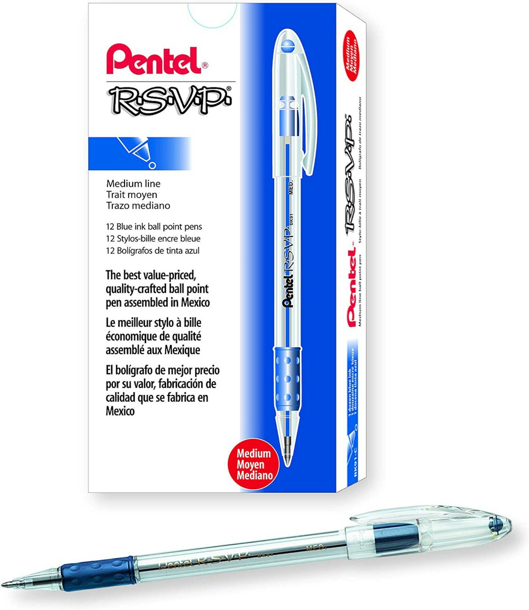 NEW 12-Pack Pentel R.S.V.P. Ball Point Pen 1mm Medium Line BLUE