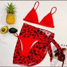 Vibrant Red and Black Bikini Set with Leopard Print Wrap