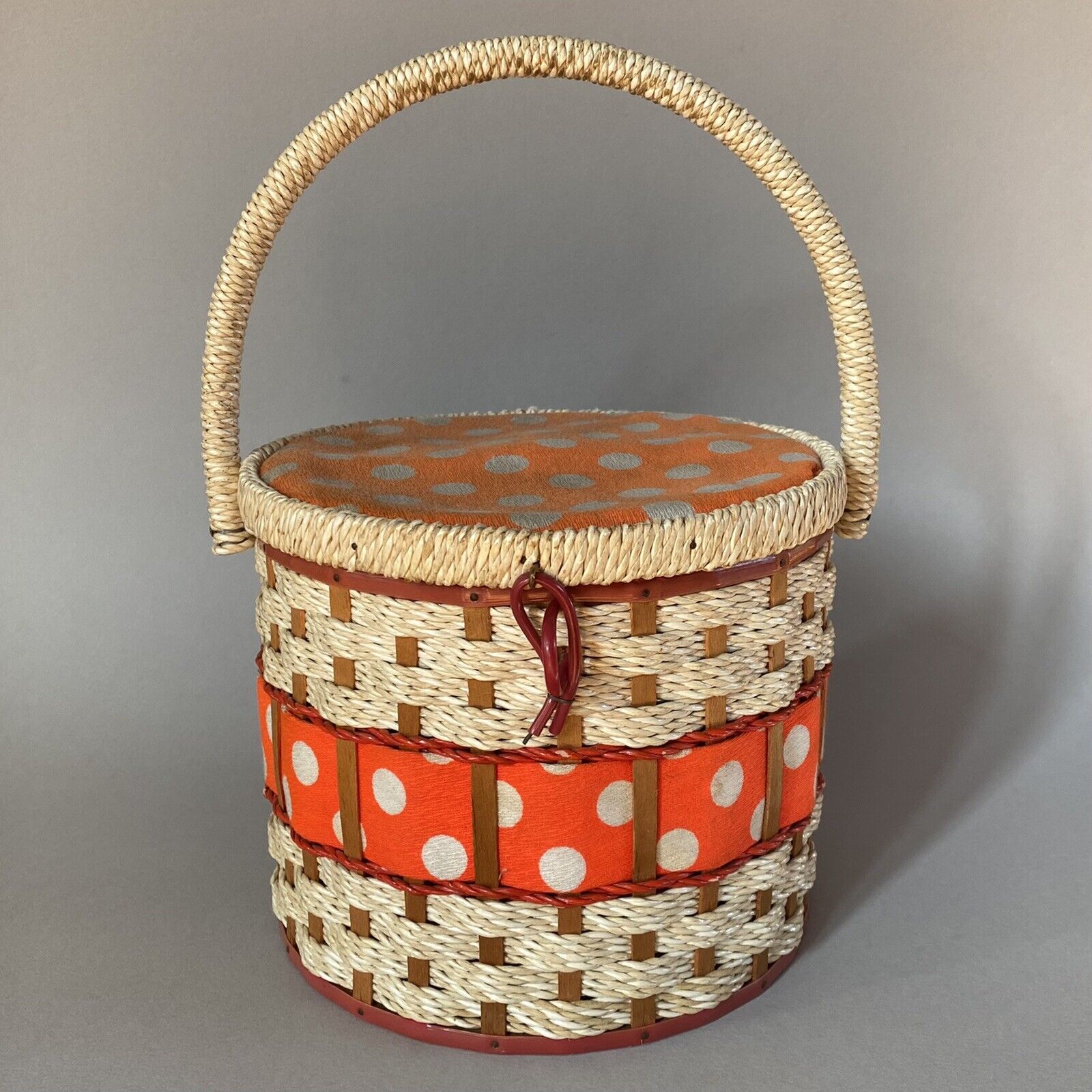 Genuine Vintage 50’s/60’s Japanese Wicker/Rattan Sewing Box/Basket - Polka Dot
