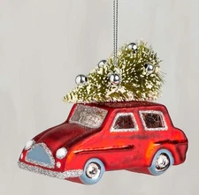 Primitives By Kathy Red Car with Tree Glitter Ornament Christmas Holiday Decor