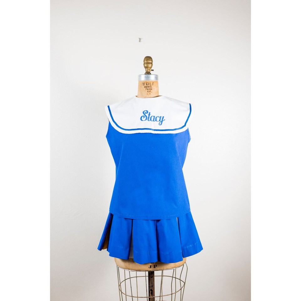 Vintage 70s 80s Cheerleader Mini Skirt Top Dress, Blue Yellow, Stacy