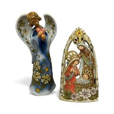 Roman, Inc. Holy Family Nativity Scene Jeweled Cloisonne Candleholder + Angel