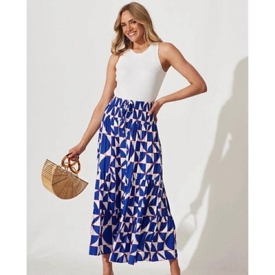 Abel The Label Tasmin Print Smocked Tiered Maxi Skirt Blue White XS