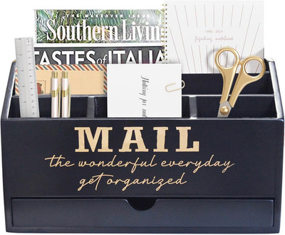 Wooden Black Rustic Countertop Mail Storage Holder with Drawer and Compartments 