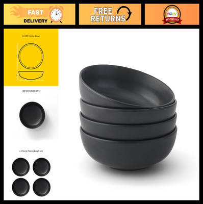 30oz Stoneware Pasta Bowls Set of 4 - Matte Black Serving & Salad Bowls, Dishwas