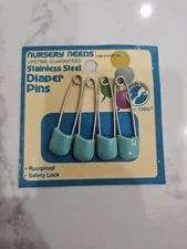 Vintage 1988 Blue "Nursery Needs" Cloth Diaper Pins 4-Pack Sealed Stainless  NEW