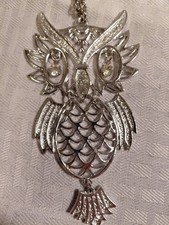 Silver Tone 4.5" Owl Pendant w/Flexible Wings Tail Rhinestone Eyes 24" Chain