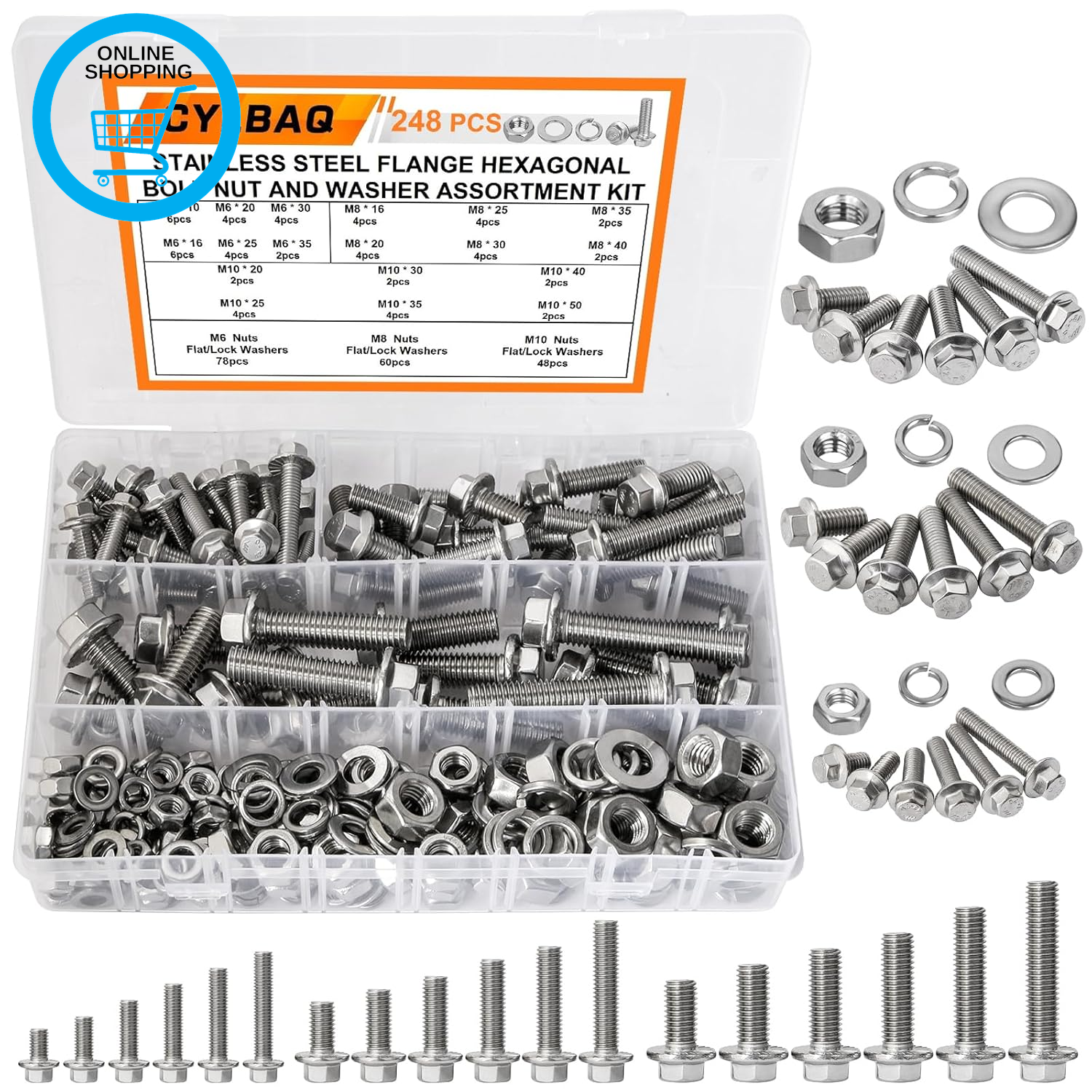 248PCS Flanged Hex Bolt and Nut Sets, M6 M8 M10 Flange Hexagon Screws Bolts Nuts