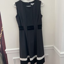 NWOT Calvin Klein Sz 4 Gray Black White Stripe Formal Feminine Belted Dress