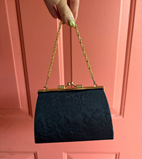 Vintage Women s Black Fabric Evening Bag Gold-Tone Frame Chain, Clasp Closure