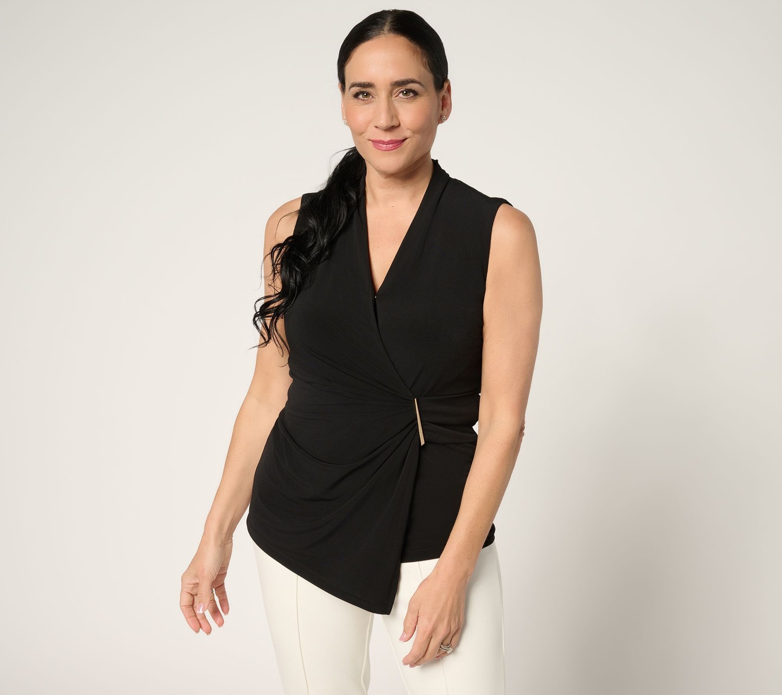 Susan Graver Women's Top Sz M Liquid Knit Draped Faux Wrap Hardware Black