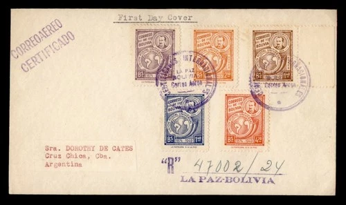 DR WHO 1950 BOLIVIA FDC UPU ANIV COMBO TO ARGENTINA M63689