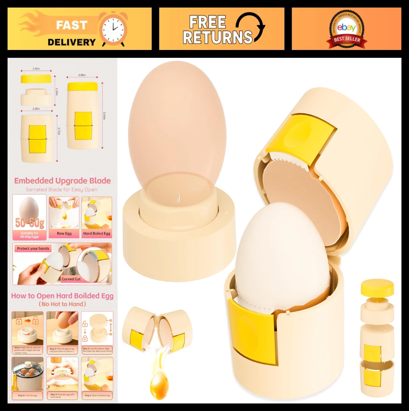 2-in-1 Egg Shell Opener & Peeler, Hard Boiled Egg Cracker & Separator Tool, Kitc