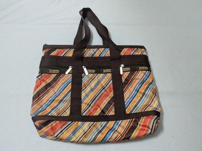 Retro LeSportsac Stripe Everyday Tote Handbag Purse + Make-up Bag  Brown Orange