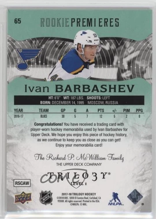 2017 Trilogy Premieres Level 1 Green Foil Jersey /399 Ivan Barbashev Rookie RC - Image 2 of 2