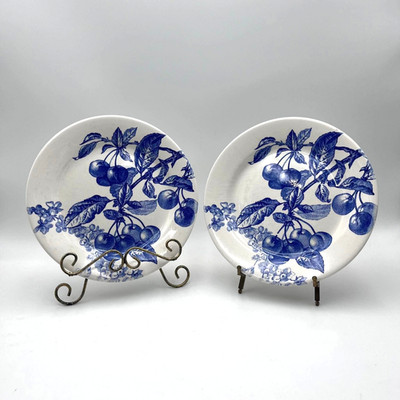 Pair Vintage Gien France Cerise Cherry Plates Primrose Bordier Blue White 10''