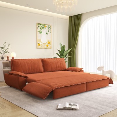 73.2'' Queen Pull Out Sofa Bed, 3-in-1 Convertible Sleeper, Corduroy, Orange