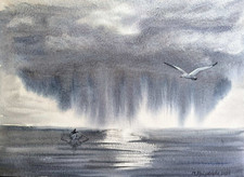 PESCATORE SOLITARIO BARCA UCCELLINO GABBIANO dipinto arte originale paesaggio CIELO NUVOLOSO A4
