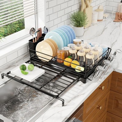 Extendable Dish Rack Stainless Steel Kitchen Counter Drying Drainer With Utensil