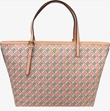 Tory Burch Pink Beige Logo Tote Bag Zip Closure Gold Hardware Inner Pockets
