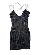 Windsor Sexy Black Sequin Deep V Strappy Bodycon Mini Dress Size M