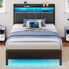 Bed Frame Twin Size with Charging Station and LED Lights, Upholstered Headboard