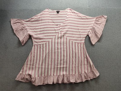 Evans Women Top 22/24 White Pink Striped V Neck Short Sleeve Pullover Casual