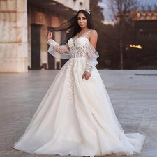 V-Neck Wedding Dress Puff Sleeves Tulle Lace Applique Off Shoulder Bride Gowns