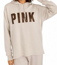 PINK Victoria's Secret Leopard-Print Logo Campus Pullover Pocket Hoodie Size XL