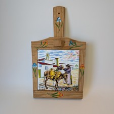 Mid-Century Portuguese Hand Painted Tile Wall Art Donkey Water Scene Wood Frame 