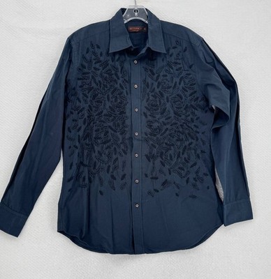 Etro Mens Black Tonal Embroidered Cotton Long Sleeve Button Shirt Sz XL