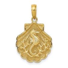 14k Yellow Gold Seahorse and Coral in a Scallop Shell Pendant