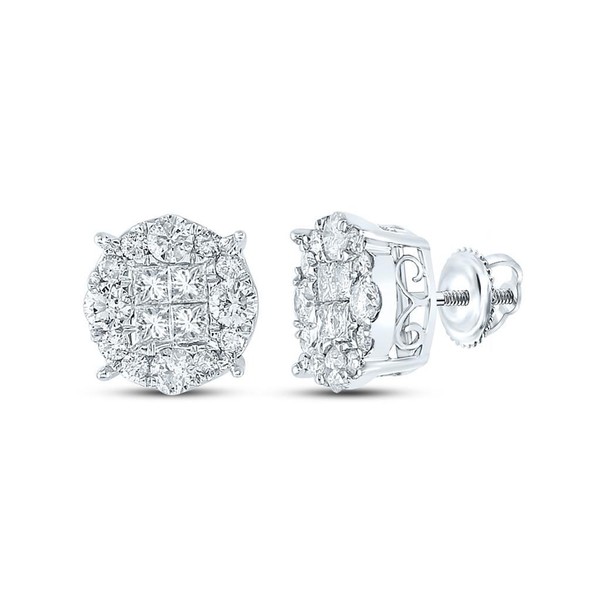 14K WeißGold Echte Prinzess Diamant Unisex Cluster Runde Stecker Ohrringe 2 CT-image