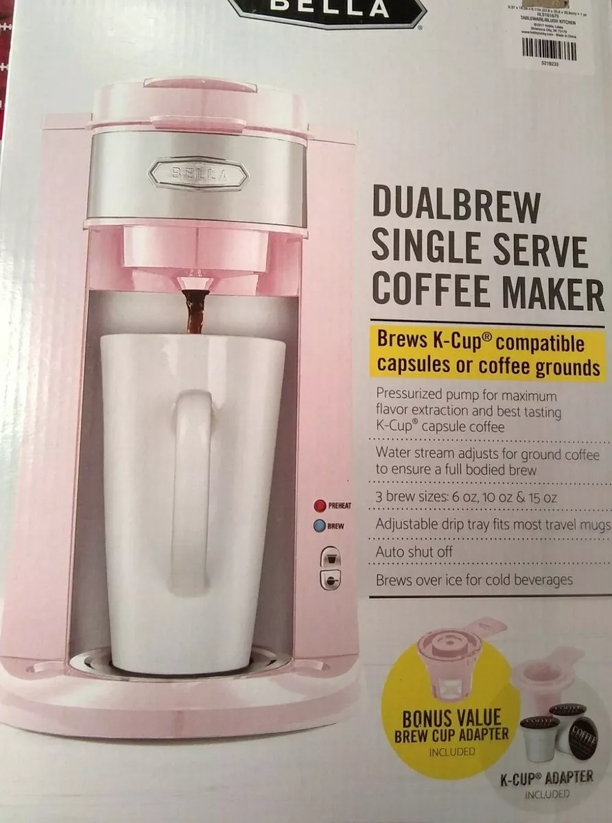 BELLA PINK SINGLE SERVE COFFEE MAKER Brews K-Cup Capsules or Coffee Grounds