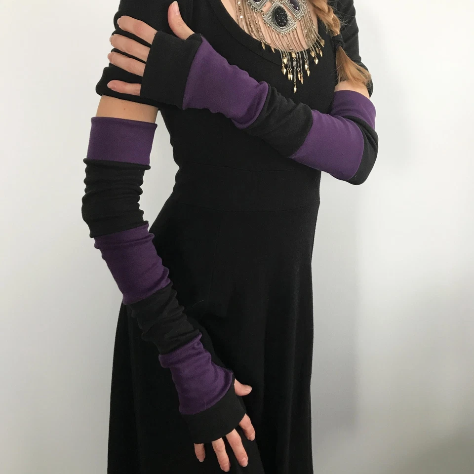 Guantes Largas a Rayas Púrpura Calentadores de Manos Calentadores de Brazos Negros Mangas de Retazos Psy Foto 2 de 4