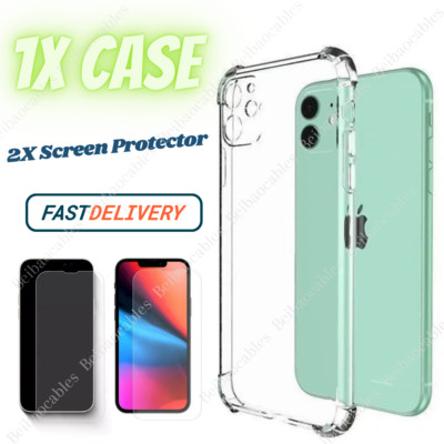 For iPhone 12 11 15 14 XR Xs X 8 7 6 Plus Clear Case Cover With Screen Protector