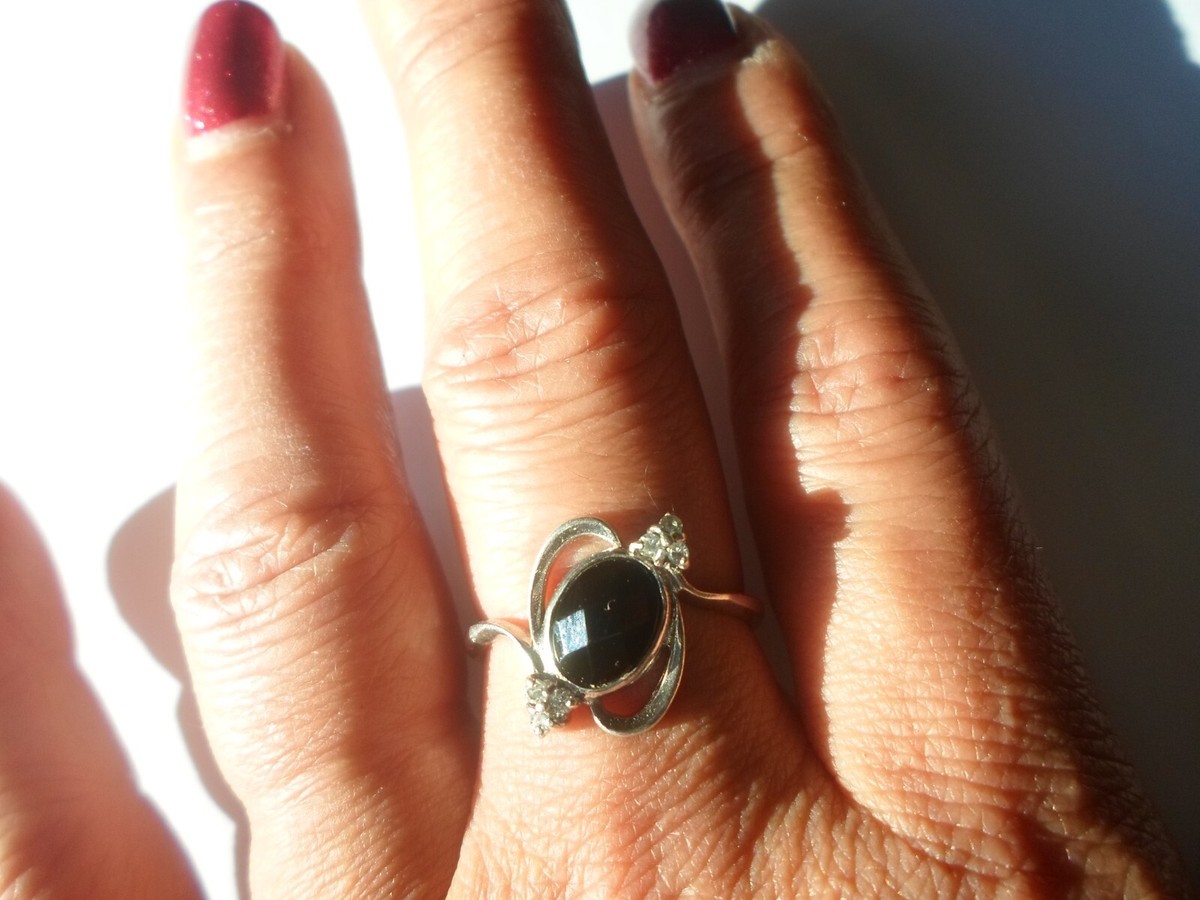 Bague Argent 925 - Cabochon Noir Et Zircon Blanc - Taille 55 - Occasion