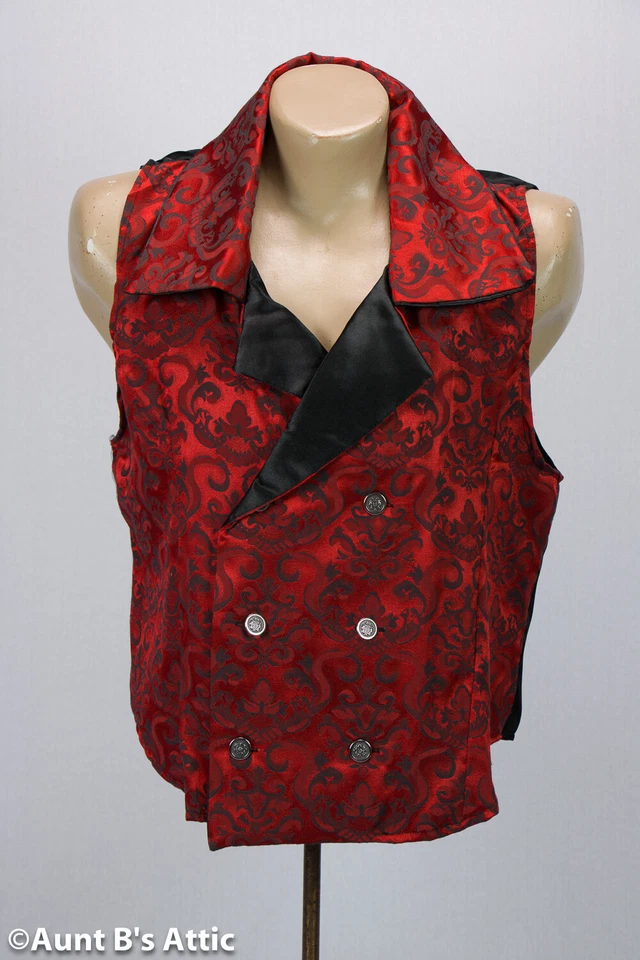 Victorian/Gothic Vest Full Back Red Brocade/Blk Poly Satin Double Breasted Vest - Image 2 of 3
