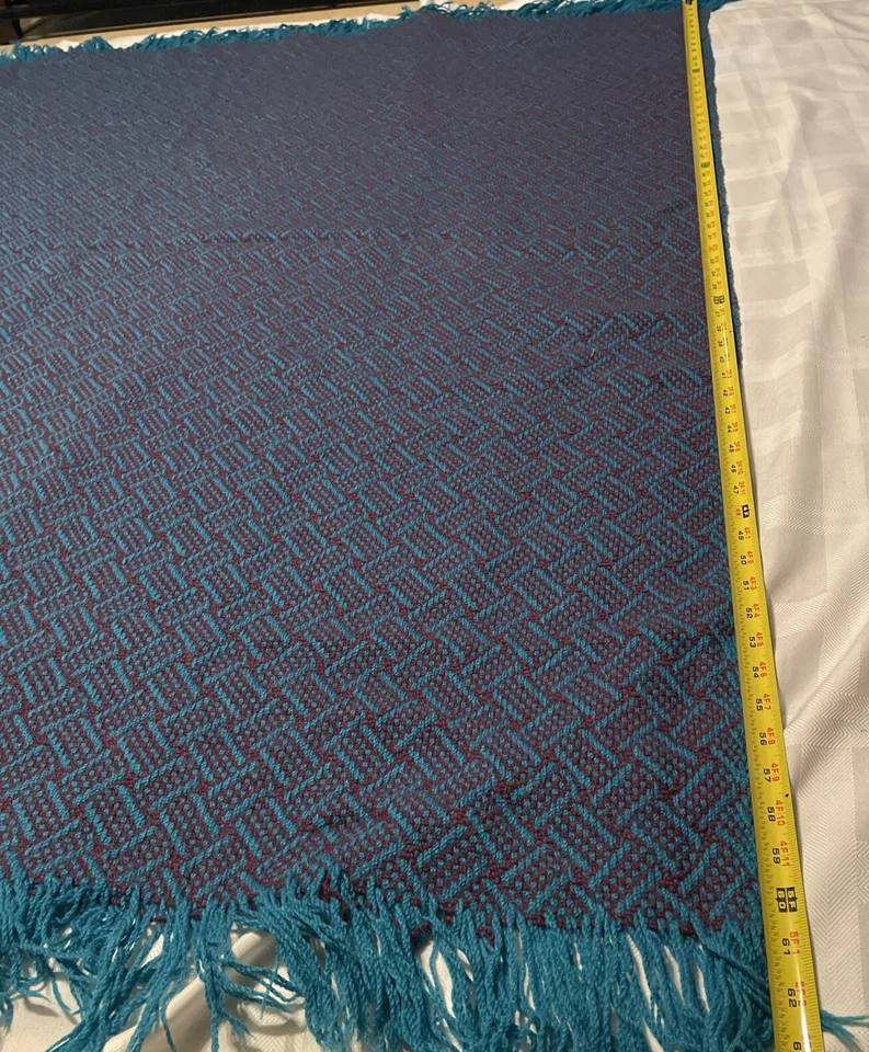 60's Vtg PENDLETON Woven Fringe Throw Blanket 100% WOOL Aqua Blue Wine 67x53 HTF - Image 4 of 4