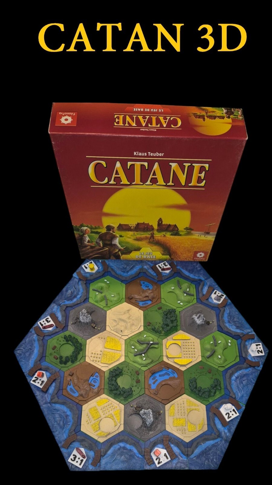 Plateau de jeu Catan 3D peint version relief avec hexagones peints - 2