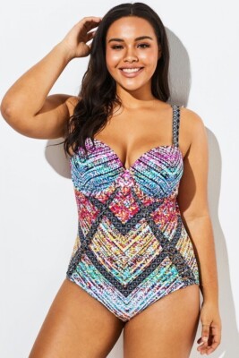 Meet Curve Multicolored Plunge Underwire Molded Cups One Piece Swimsuit 4X 4XL