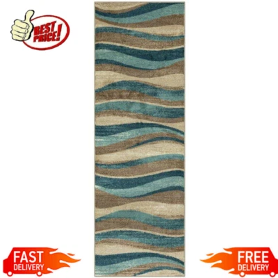 Geometric Waves Blue Brown Runner Rug 2' X 6' Stain/Fade Resistant Indoors New