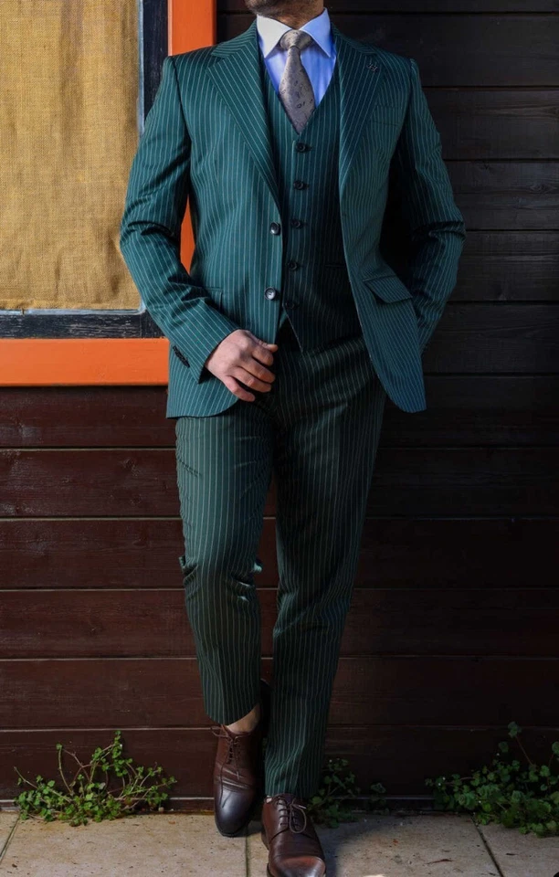 Men's Dark Green British Striped Suit Single Breasted Notch Lapel Suits 3pcs Set - Image 2 of 4