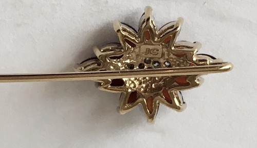 Vintage Garnet Stick Pin W Matching Earrings Marked JC Pierced Gold Tone - Picture 10 of 14